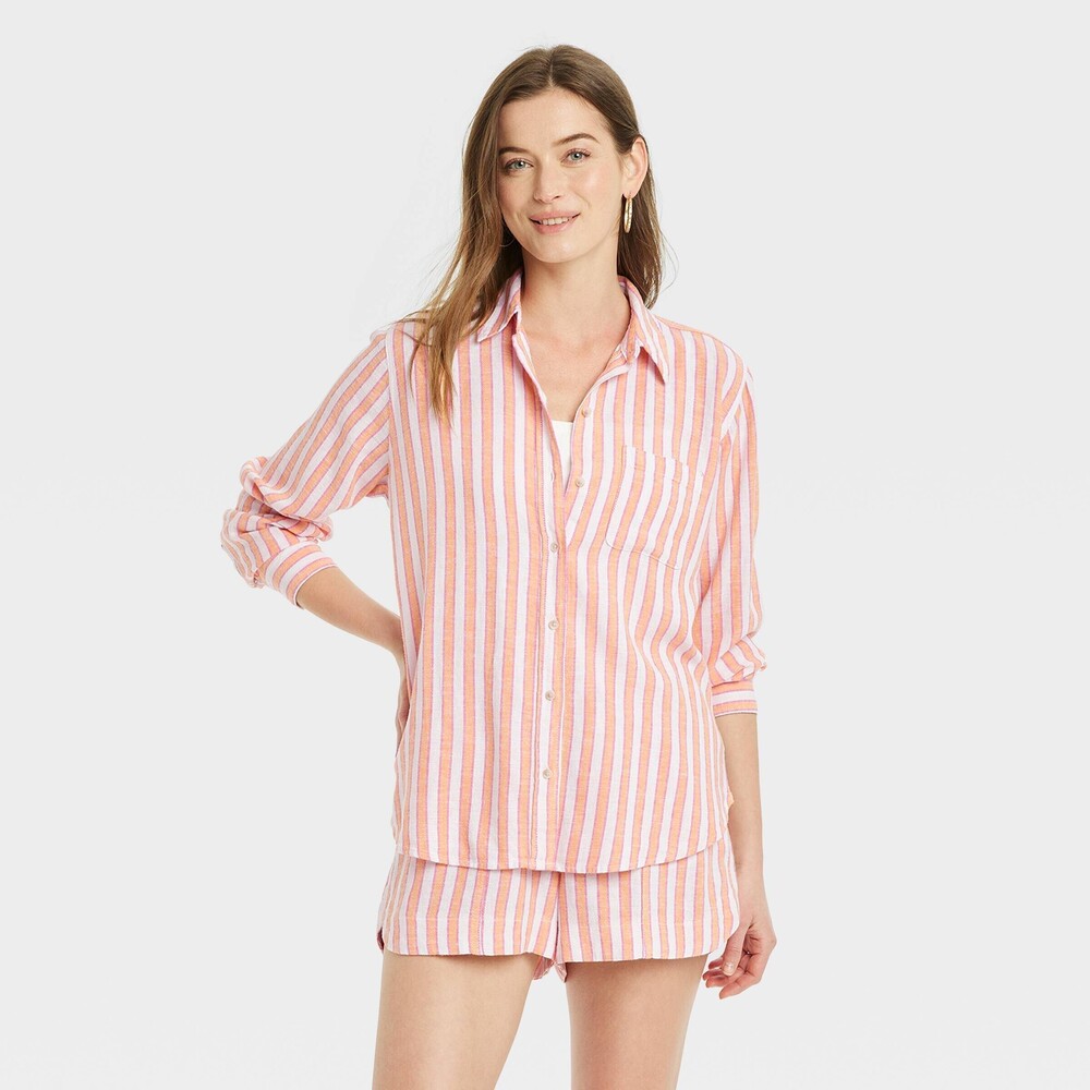 Linen Long Sleeve Collared Button-Down Shirt - Orange Striped S